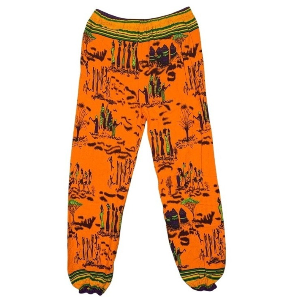African Village Print Harem Pants Orange Boho Tribal Joggers Women Small